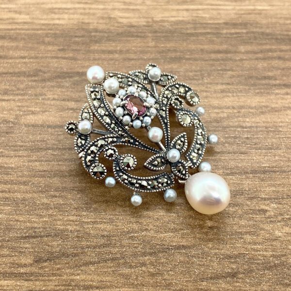 Elegant marcasite pearl brooch pendant.