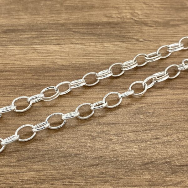 Here's an alt tag for the image: Silver chain, two lengths.