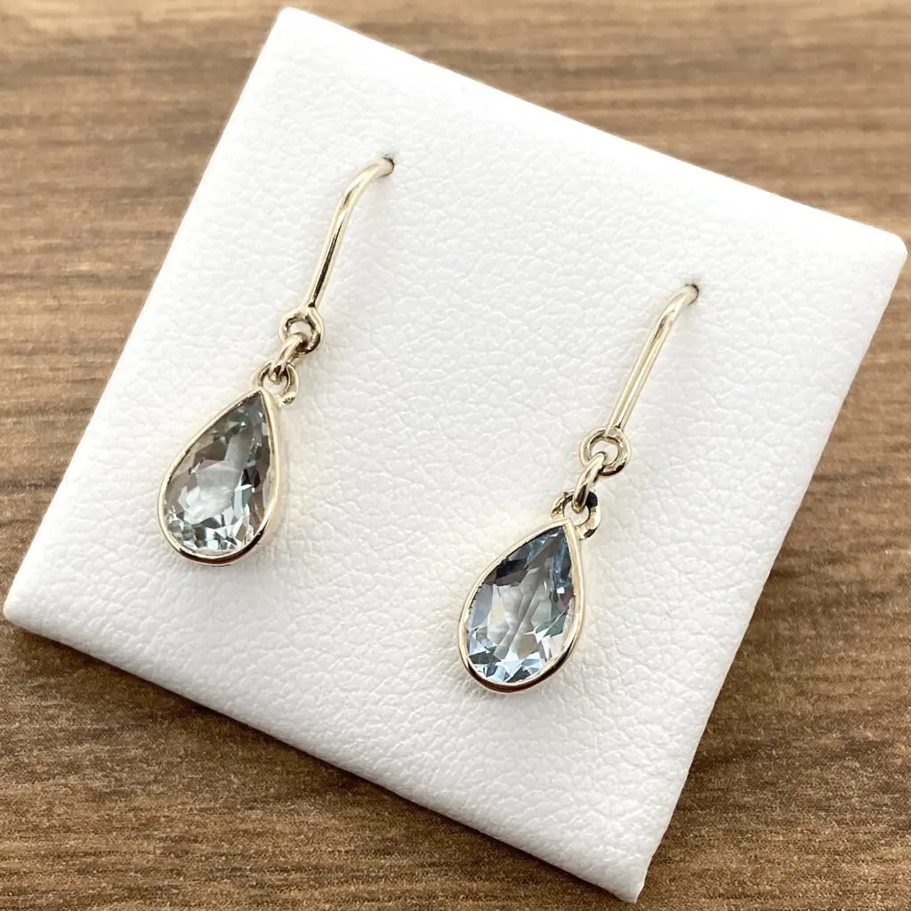 Aquamarine pear drop earrings in gold.