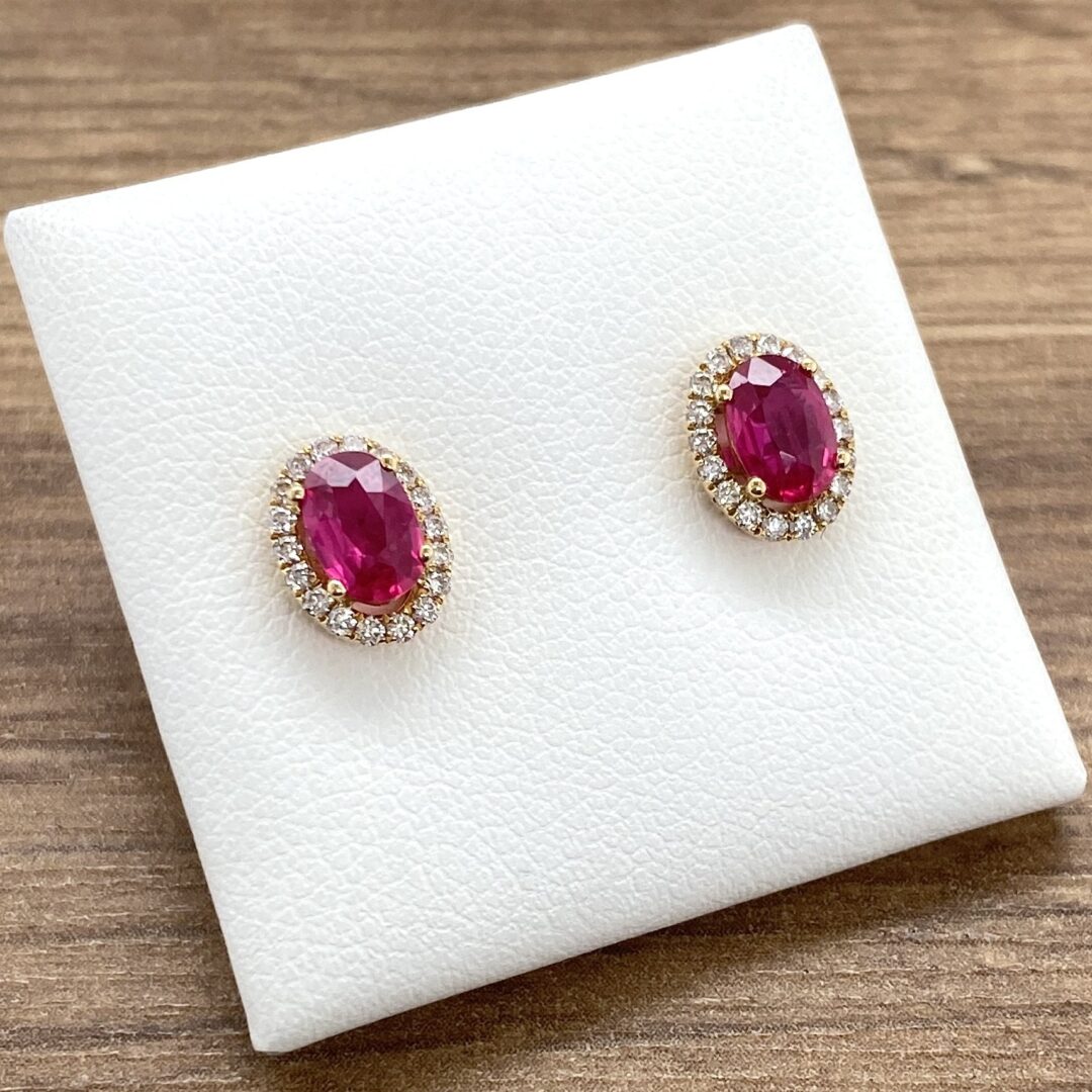 Ruby & Diamond Oval Halo Cluster Earrings, Yellow Gold, 1.26ct