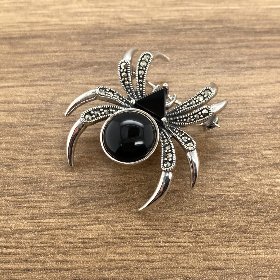 Silver & Onyx Marcasite Spider Brooch